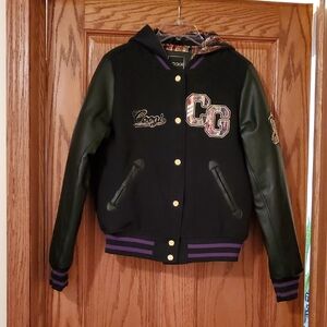 Vintage COOGI Black Varsity Jacket with Purple Trim. Womens Large.
